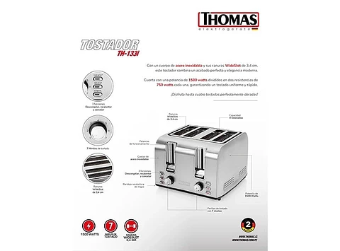TOSTADORA THOMAS 4 REBANADAS TH-133I ACERO INOXIDABLE