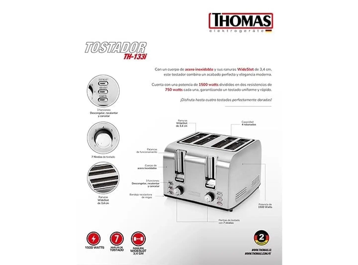 TOSTADORA THOMAS 4 REBANADAS TH-133I ACERO INOXIDABLE 2