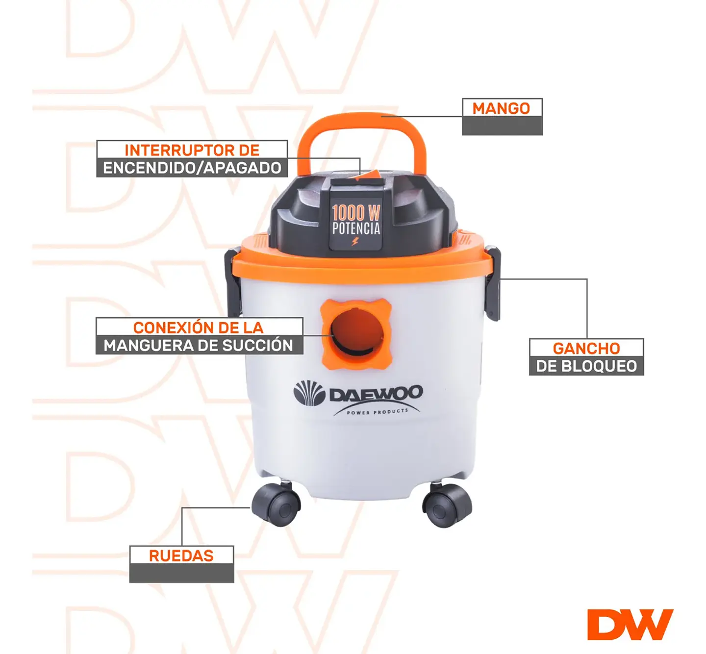 ASPIRADORA DE TACHO POLVO Y AGUA DAEWOO 15L 1000W + SET ESPONJAS 3