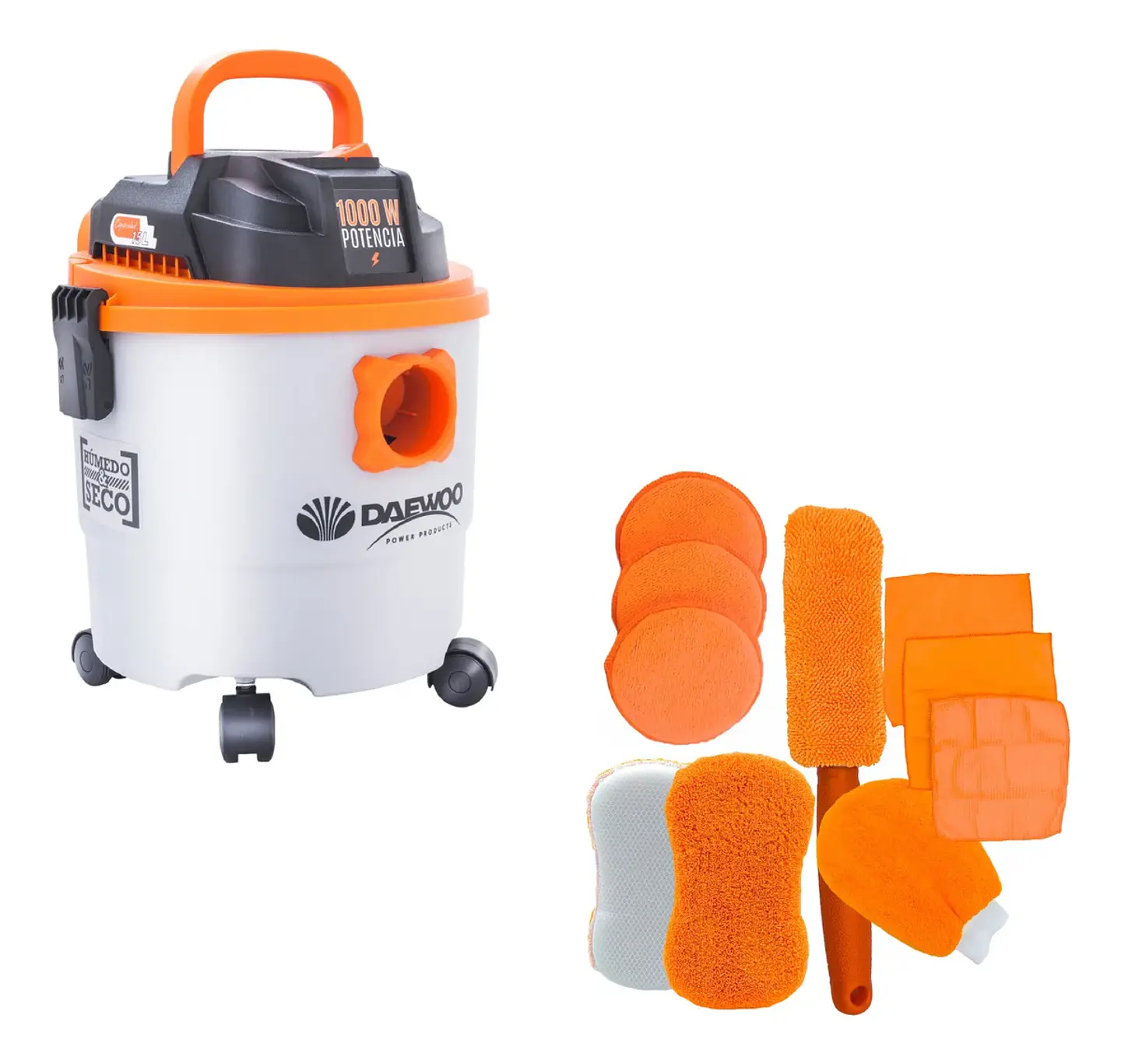 ASPIRADORA DE TACHO POLVO Y AGUA DAEWOO 15L 1000W + SET ESPONJAS 4