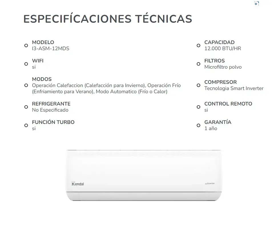 AIRE ACONDICIONADO SPLIT FRIO-CALOR INVERTER 24.000 BTU WIFI KENDAL 3