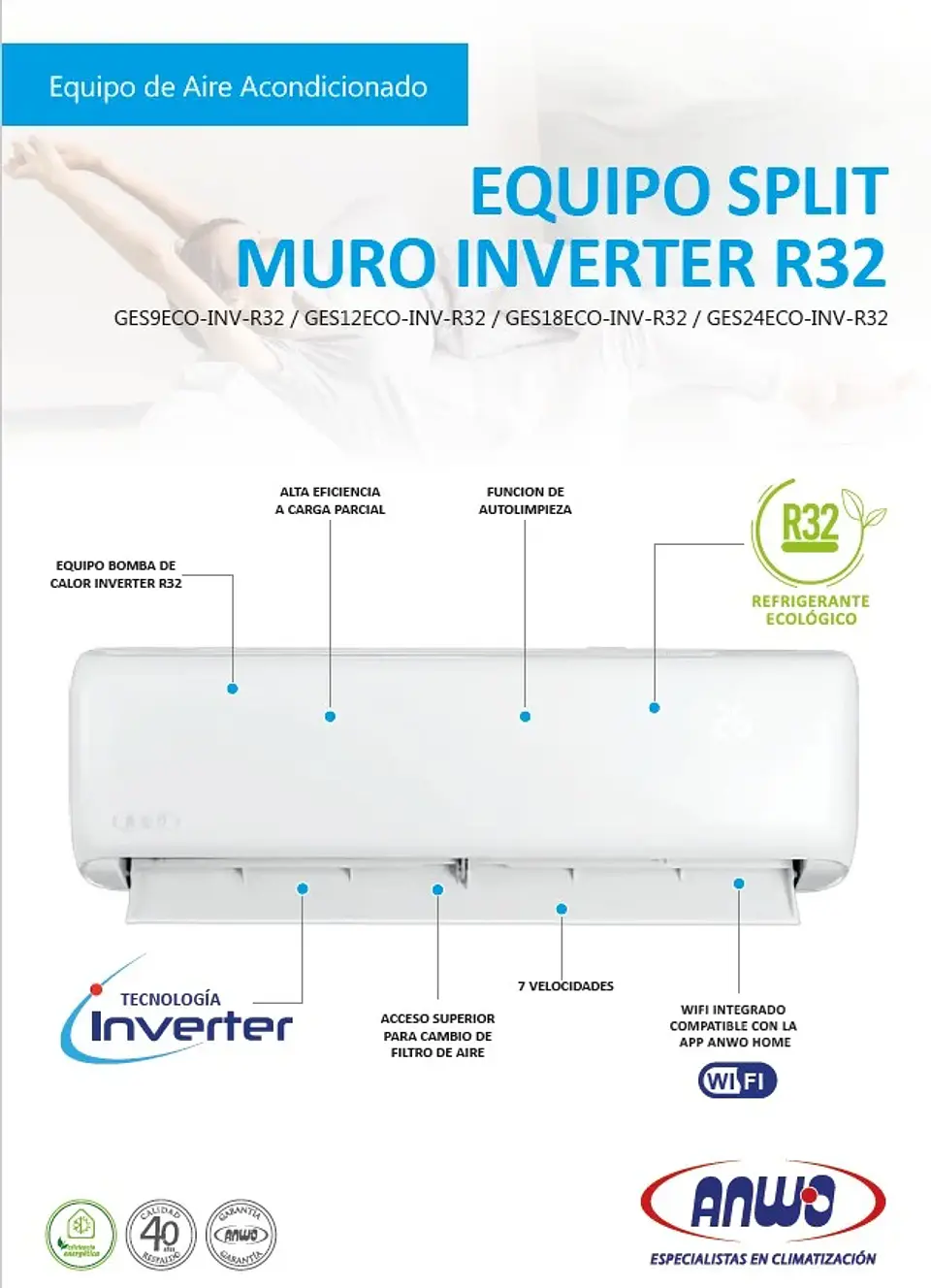 AIRE ACONDICIONADO ANWO SPLIT 18000 BTU INVERTER R32 4