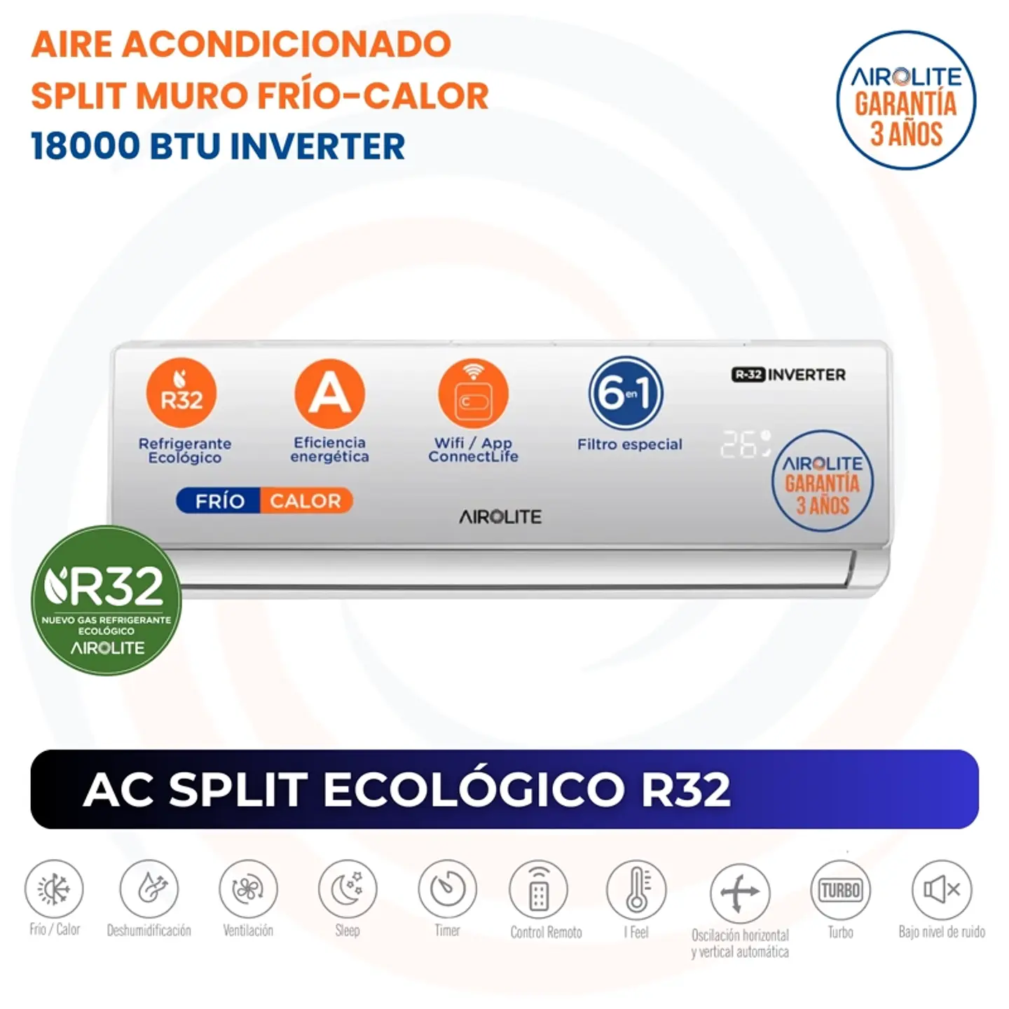 AIRE ACONDICIONADO AIROLITE SPLIT MURO AASMI 18 ATI R32 2