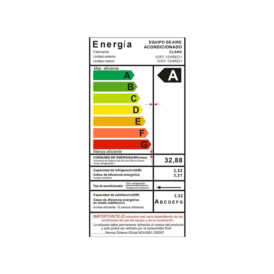 AIRE ACONDICIONADO SPLIT MURO INVERTER CLARK 12.000BTU R32 BLANCO 3