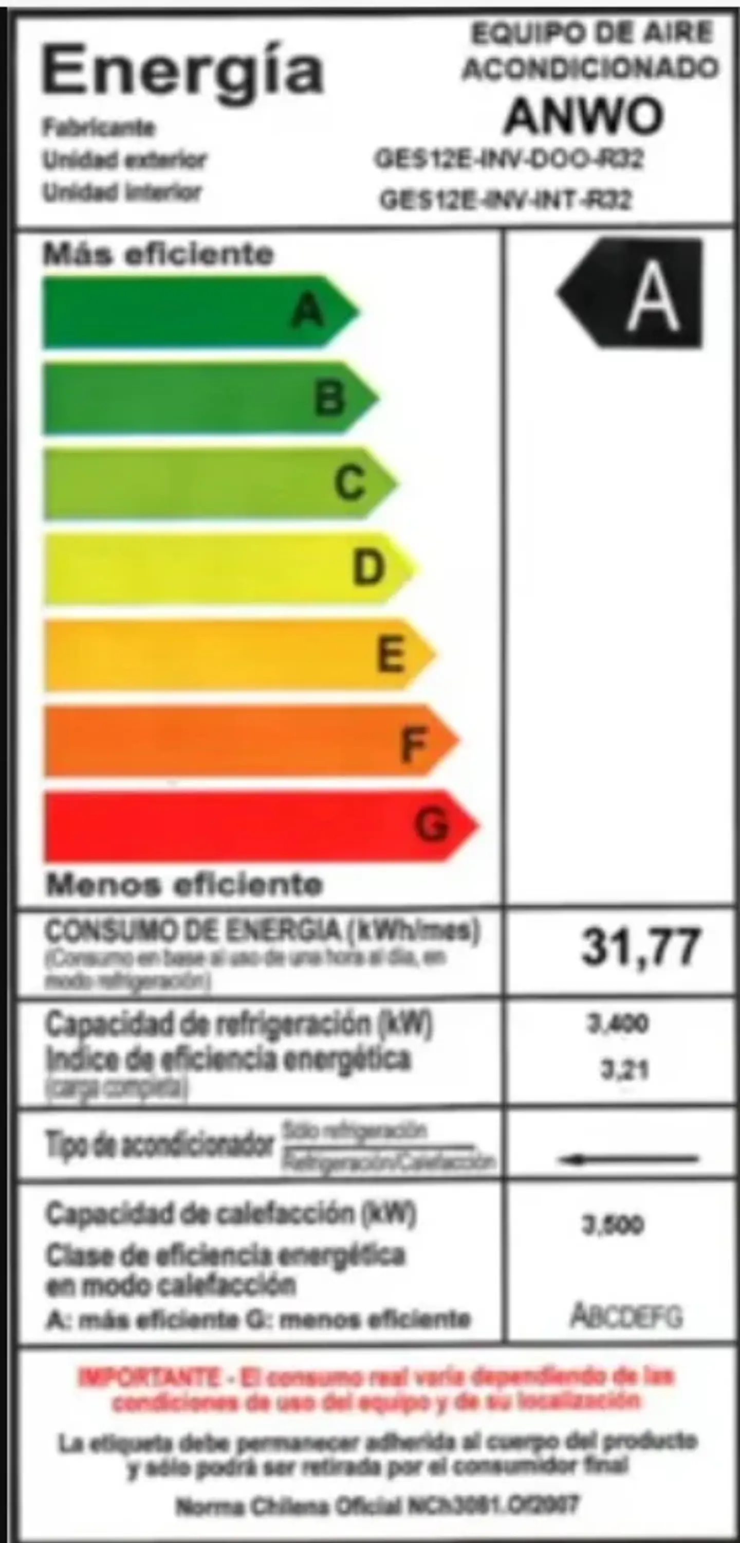 AIRE ACONDICIONADO ANWO SPLIT 12000 BTU INVERTER R32 3