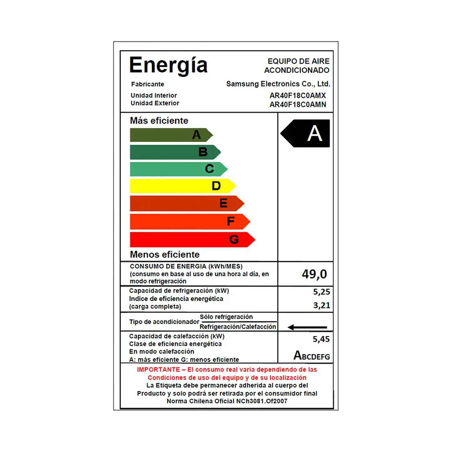 AIRE ACONDICIONADO SPLIT SAMSUNG AR40F18C0AM 18000 BTU FRÍO CALOR INVERTER 4