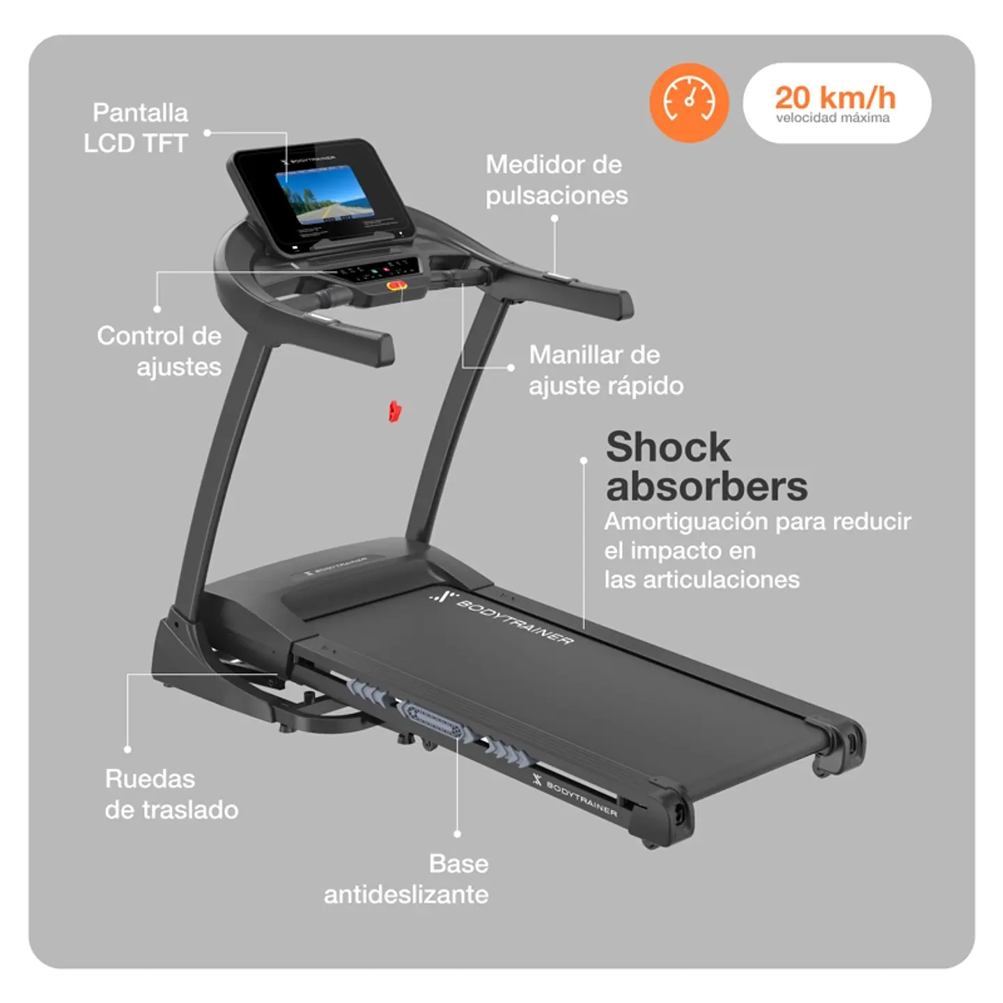 TROTADORA CON PANTALLA BODYTRAINER RN820 20 KM/H CON APPS 2