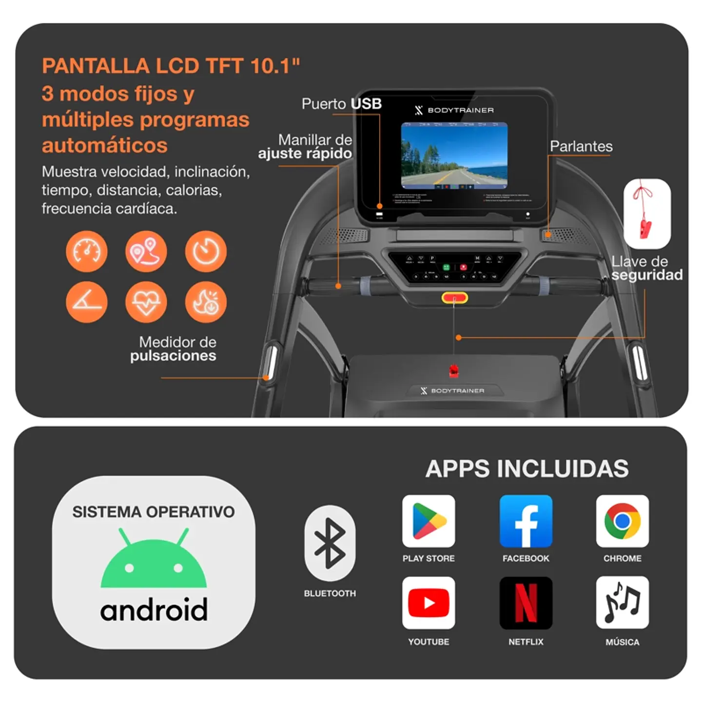 TROTADORA CON PANTALLA BODYTRAINER RN820 20 KM/H CON APPS 5