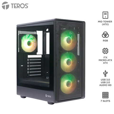 Case sin fuente gamer TEROS TE-1323G, MidTower, ATX / MICRO-ATX / ITX, USB-A, Audio