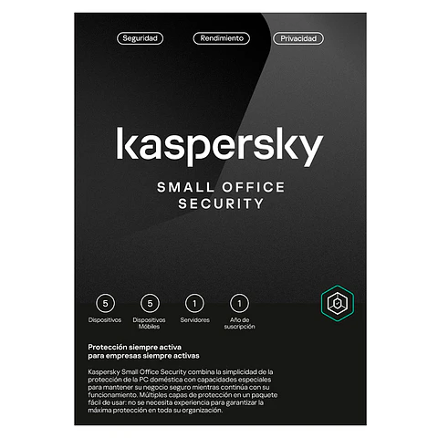 Software Kaspersky Small Office Security, para 5 PCs+1 Serv, Lic 1 año, Producto Virtual.