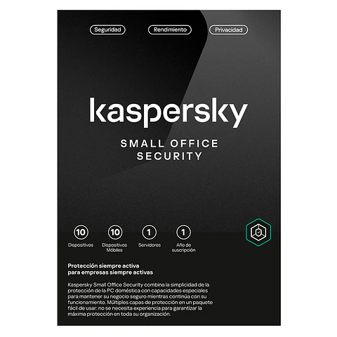 Software Kaspersky Small Office Security, para 10 PCs+1 Serv, Lic 1 año, Producto Virtual.