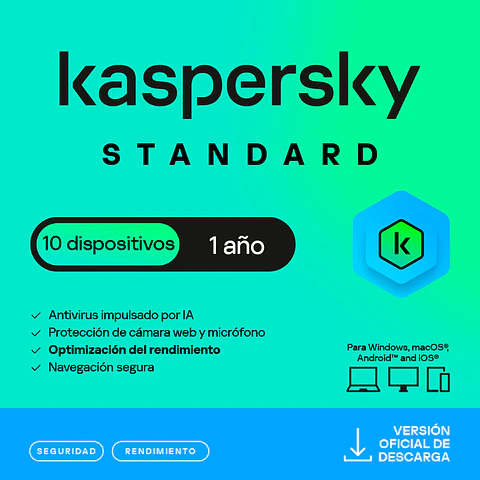 Antivirus Kaspersky Standard, para 10 PCs, Lic 1 año, Producto Virtual.