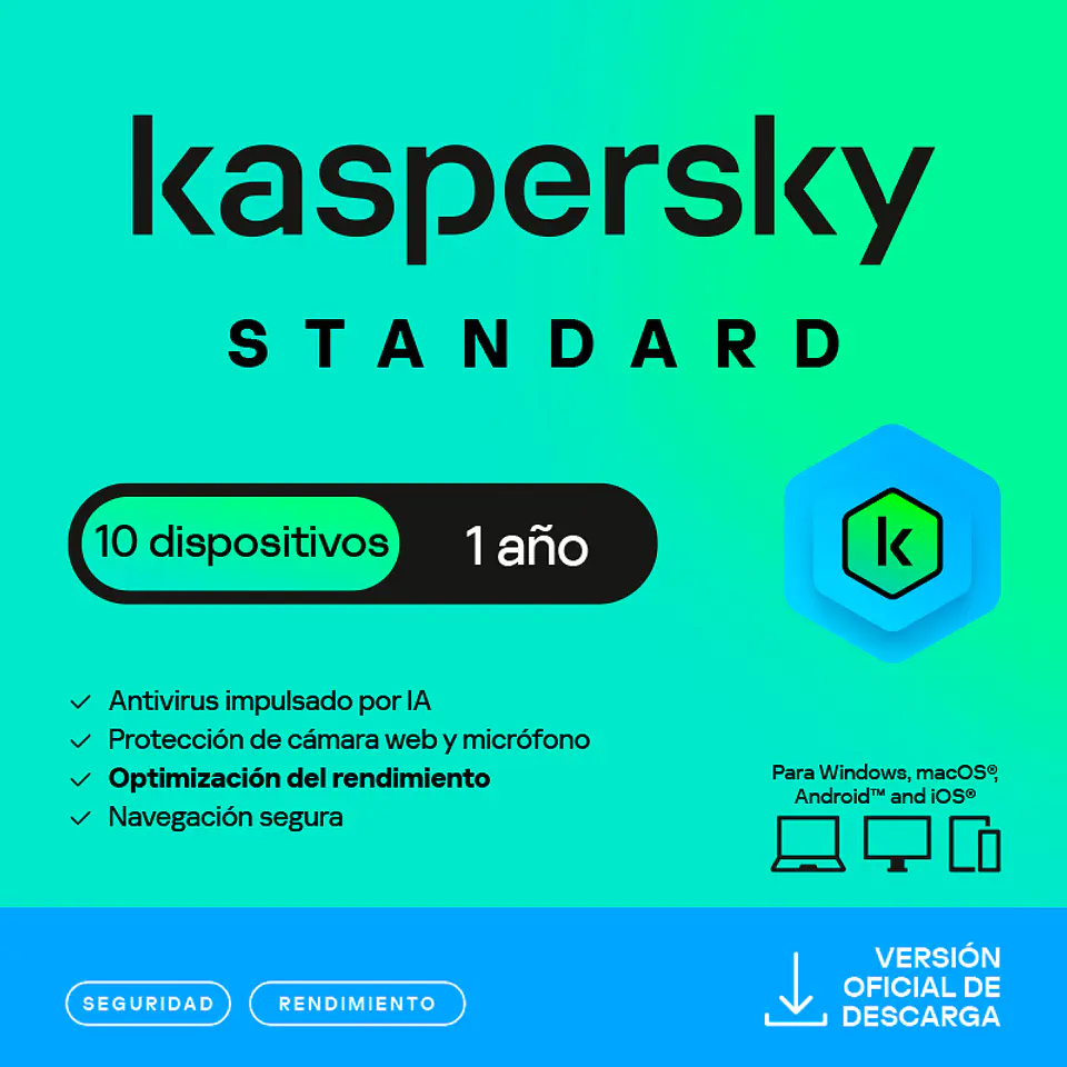 Antivirus Kaspersky Standard, para 10 PCs, Lic 1 año, Producto Virtual. 1