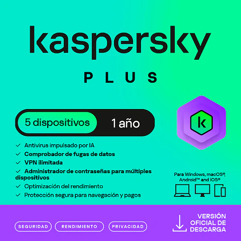 Antivirus Kaspersky Plus, para 5 PCs, Lic 1 año, Producto Virtual.