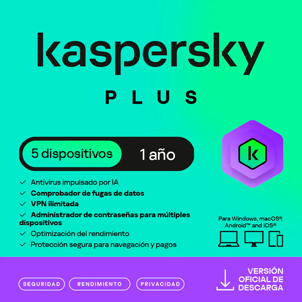 Antivirus Kaspersky Plus, para 5 PCs, Lic 1 año, Producto Virtual. 1