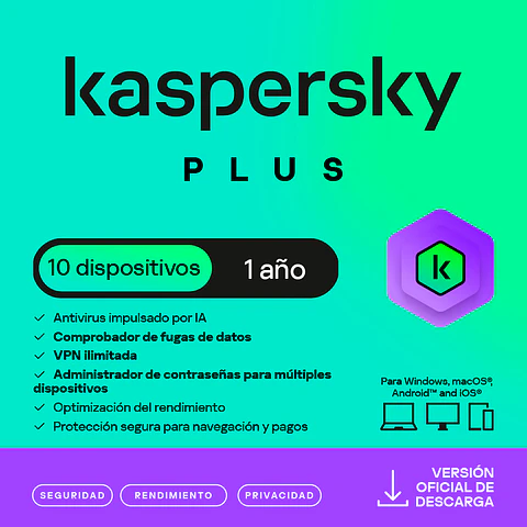 Antivirus Kaspersky Plus, para 10 PCs, Lic 1 año, Producto Virtual.