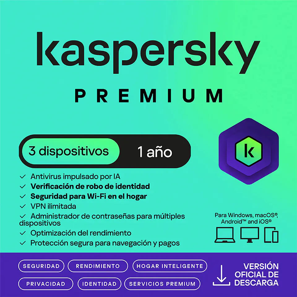 Antivirus Kaspersky Premium, para 3 PCs, Lic 1 año, Producto Virtual. 1