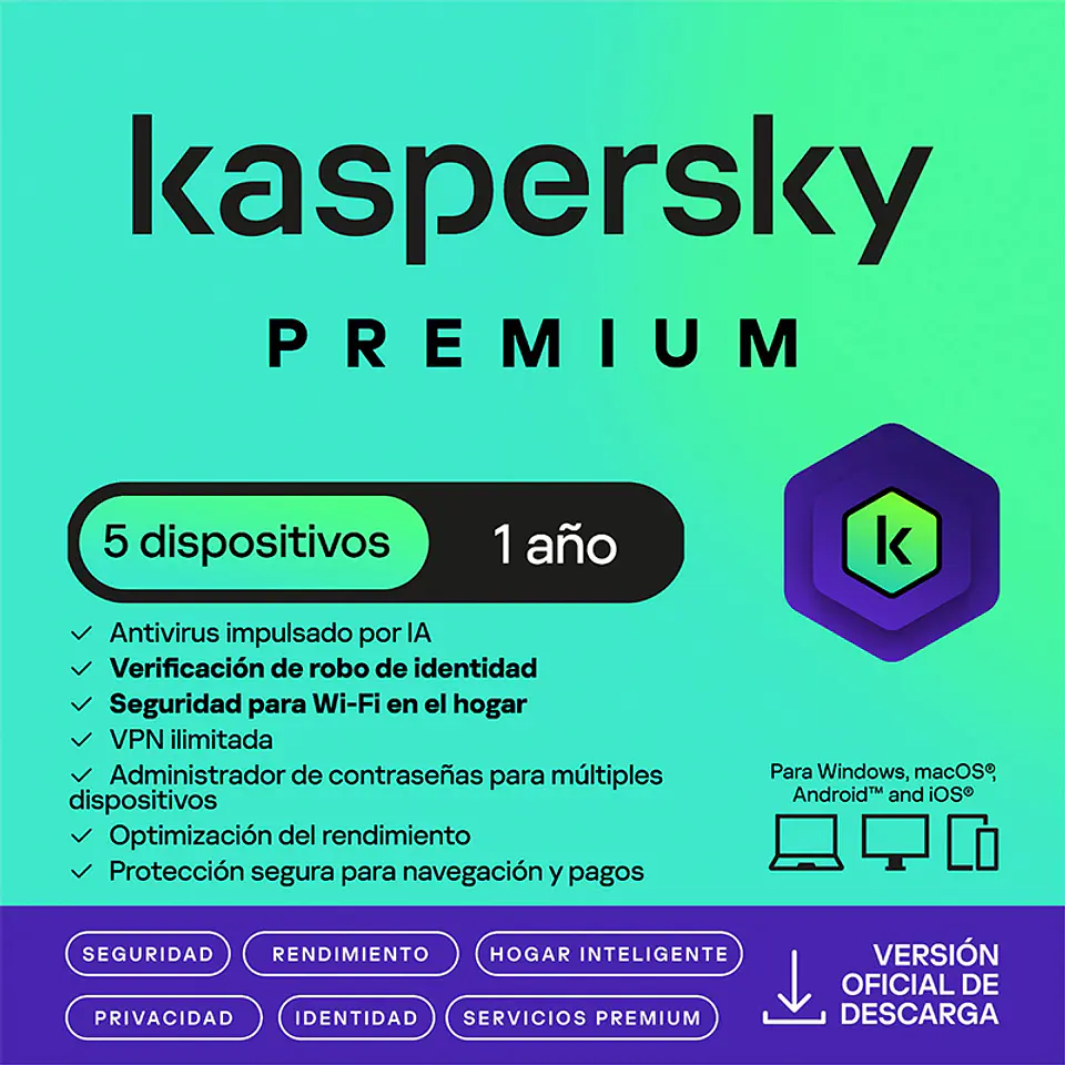 Antivirus Kaspersky Premium, para 5 PCs, Lic 1 año, Producto Virtual. 1