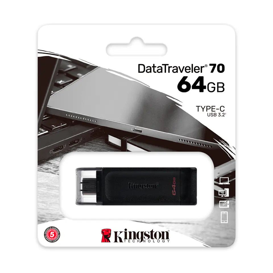 Memoria Flash USB Kingston DataTraveler 70, 64GB, USB-C 3.2 Gen1, presentación en colgador 1
