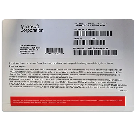Sistema Operativo Microsoft Windows Home 11, 64 bits, español, 1pk, DSP OEM DVD.