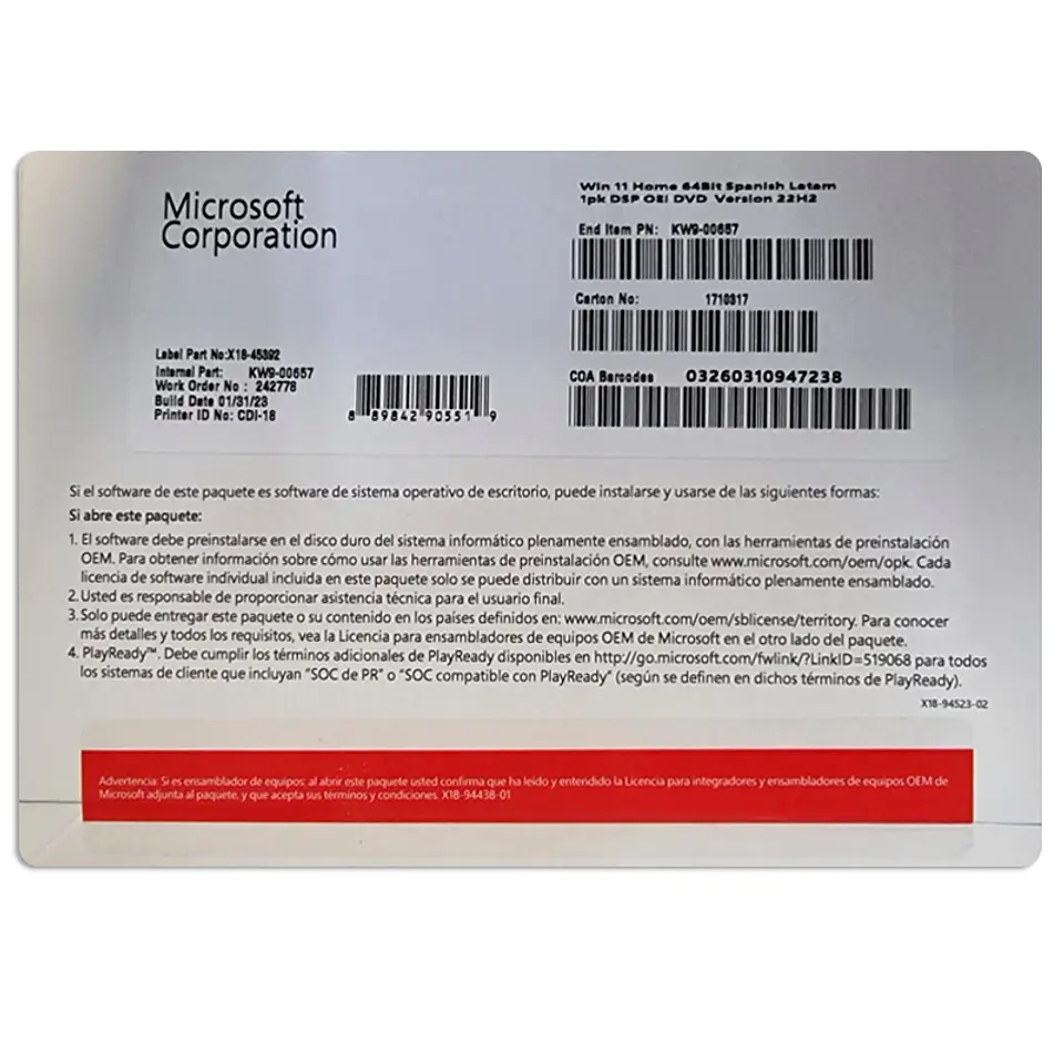 Sistema Operativo Microsoft Windows Home 11, 64 bits, español, 1pk, DSP OEM DVD. 1