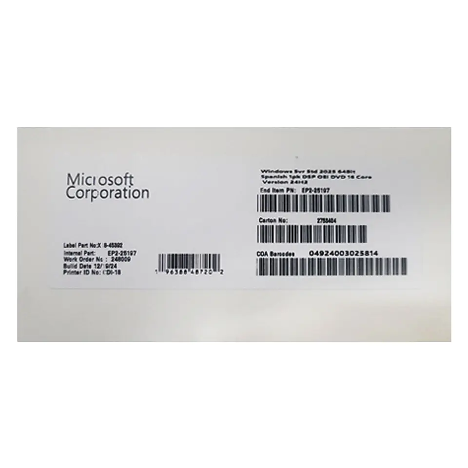 Sistema Operativo Microsoft WINDOWS SVR STD 2025 64BIT 1PK Spanish OEM (EP2-25197) 1