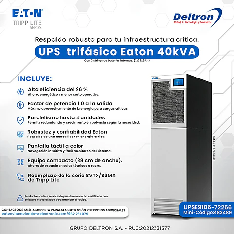 UPS Trifasico Eaton 40kVA, con 3 strings de baterias internas (3x32x9Ah)