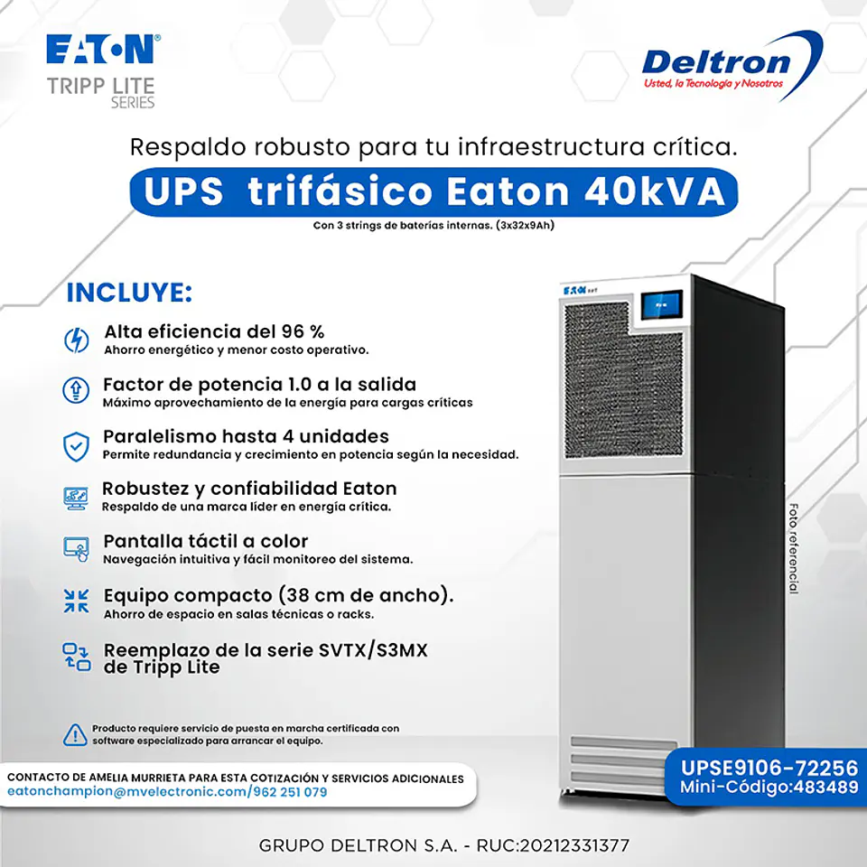 UPS Trifasico Eaton 40kVA, con 3 strings de baterias internas (3x32x9Ah) 1