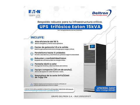 Eaton 9106-52127 - UPS Trifasico 15kVA, con 1 string de baterias internas (1x36x9Ah)