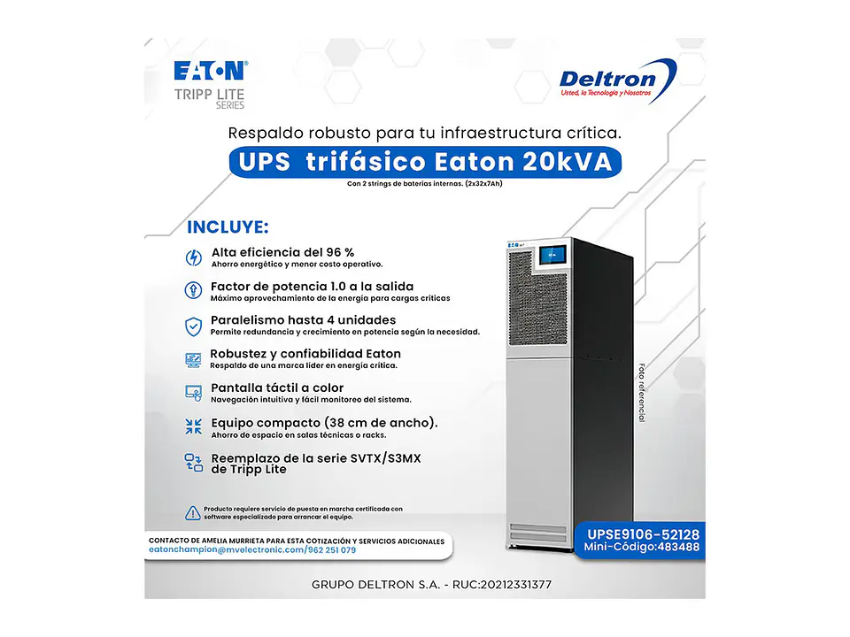 Eaton 9106-52128 - UPS Trifasico 20kVA, con 2 strings de baterias internas (2x32x7Ah) 1