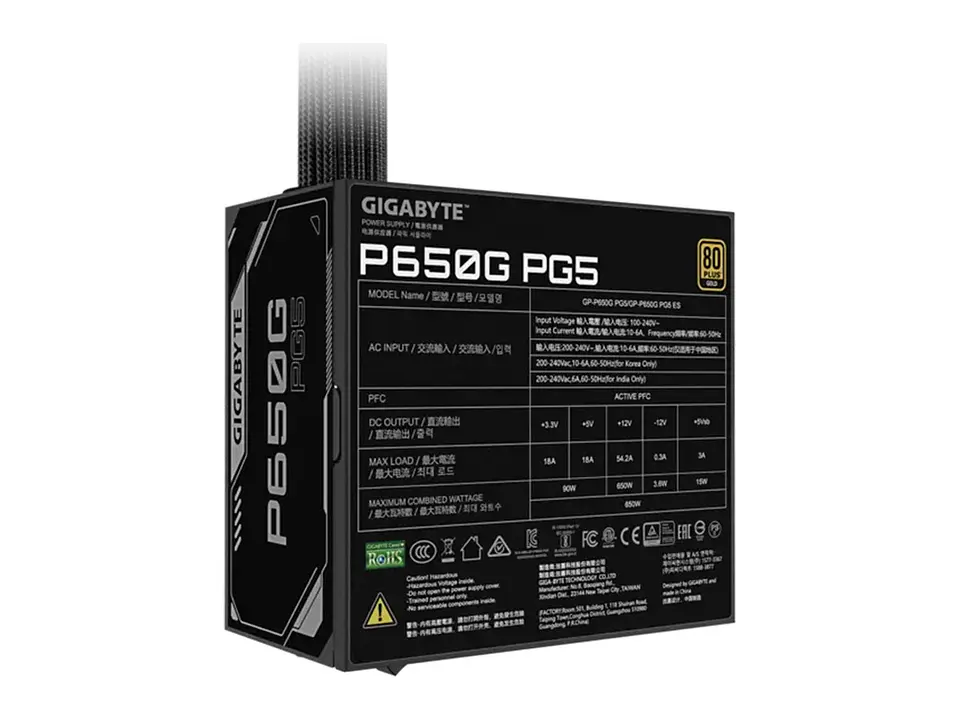 Fuente de alimentación Gigabyte P650G PCIE 5.1, 650W, ATX, 80 Plus Gold. 4