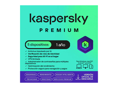 Kaspersky KL1047DDEFS - Antivirus Premium, para 5 PCs, Lic 1 año, Producto Virtual