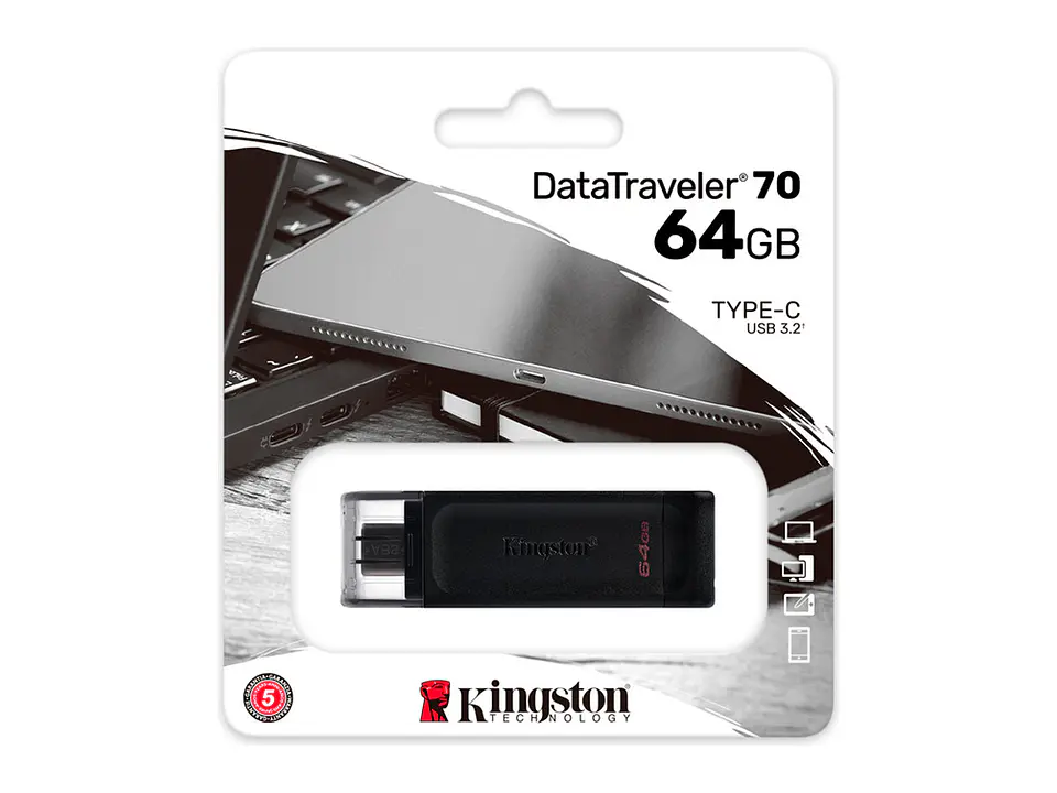 Kingston DT70/64GB - Memoria Flash USB DataTraveler 70, 64GB, USB-C 3.2 Gen1, presentación en colgador 1