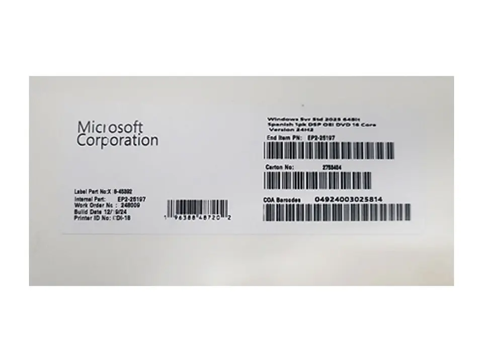 Microsoft EP2-25197 - Sistema Operativo WINDOWS SVR STD 2025 64BIT 1PK Spanish OEM 1
