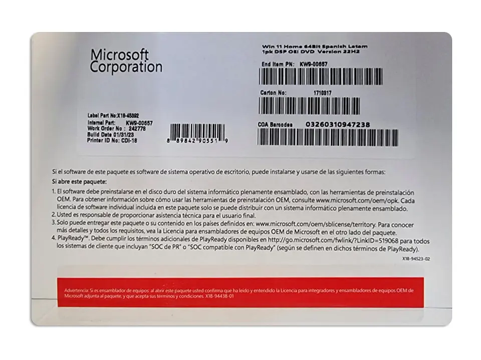 Microsoft KW9-00657 - Sistema Operativo Windows Home 11, 64 bits, español, 1pk, DSP OEM DVD 1