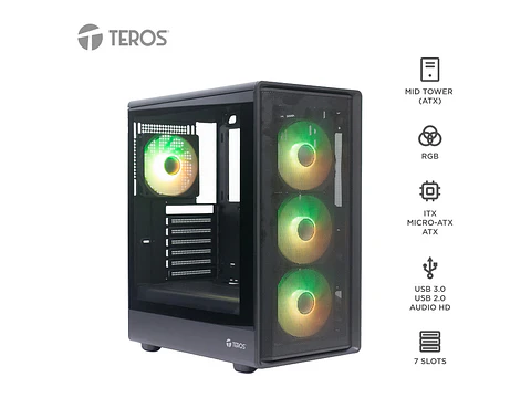 TEROS TE-1323G - Case sin fuente gamer, MidTower, ATX / MICRO-ATX / ITX, USB-A, Audio