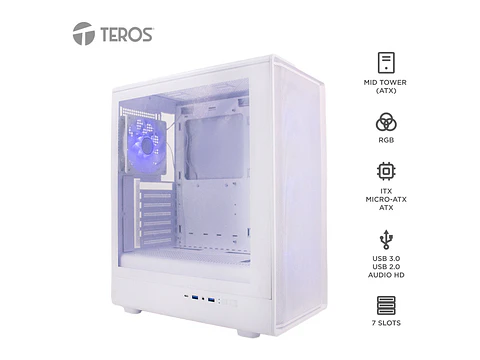TEROS TE-1329G - Case sin fuente Gamer, ITX, M-ATX, ATX, 3.5" y 2.5", Blanco