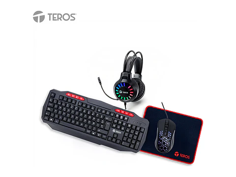 TEROS TE-5014S - Kit 4 en 1 Teclado + Mouse + Auriculares + Mousepad