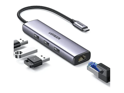 UGREEN 60600 - CM475 - Adaptador Hub 4 en 1 - USB-C a RJ-45 - 3 Puertos USB 3.0