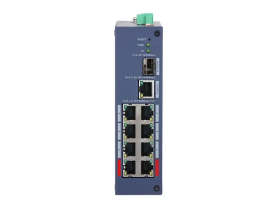 Dahua DH-CHS4110-8ET-110 - Switch Industrial Cloud Managed L2 10 Puertos - 8 PoE 10/100 + 1 Uplink Gigabit + 1 SFP Gigabit - 110 W - Hi-poe/bt 90 W - PoE 250 M - Riel Din 4