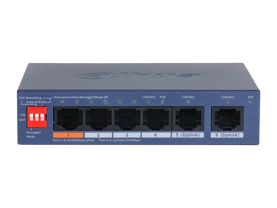 Dahua DH-CS4006-4ET2GT-60 - Switch PoE Cloud (dolynk) L2 6P (4P PoE 10/100 + 2P Uplink Gig), 60W (dip: Watchdog/extend 250M) 1