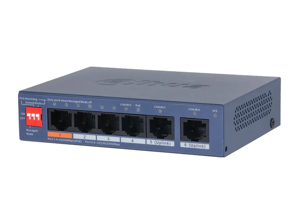 Dahua DH-CS4006-4ET2GT-60 - Switch PoE Cloud (dolynk) L2 6P (4P PoE 10/100 + 2P Uplink Gig), 60W (dip: Watchdog/extend 250M) 3