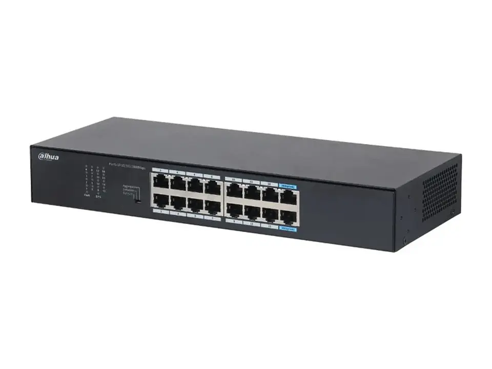 Dahua DH-S3016-16GT - Switch L2 16 Puertos Gigabit sin PoE (14 Ge + 2 Ge Uplink) Link Aggregation en Uplink Aislamiento de Puertos Diseno Metalico sin Fan Fuente Interna 100-240VAC Rack Wall Desktop 1