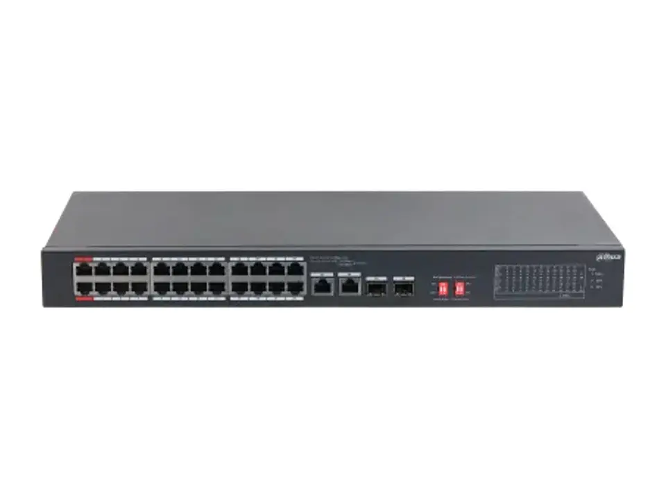 Dahua DH-S3226-24ET-240 - Switch PoE 26 Puertos 24 100MBPS PoE 2 Puertos 1000MBPS Uplink 1-2 Hasta 60W 3-24 30W Total Max 360W 2