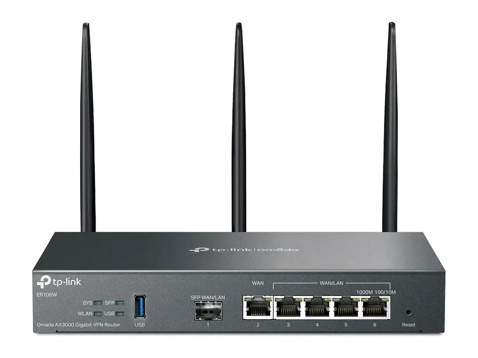 TP-Link Omada ER706W - Omada Router VPN WiFi 6 AX3000 2.4GHz(574)+5GHz(2402), SFP + 5×Gigabit WAN/LAN, USB 3.0 1