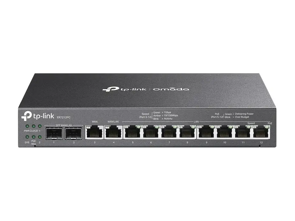 TP-Link Omada ER7212PC - Gateway Omada 3-en-1, 12 Gb (8 PoE+ 110W), 4 WAN (2 SFP, 2 RJ45), controlador integrado p/12 disp., VPN 1