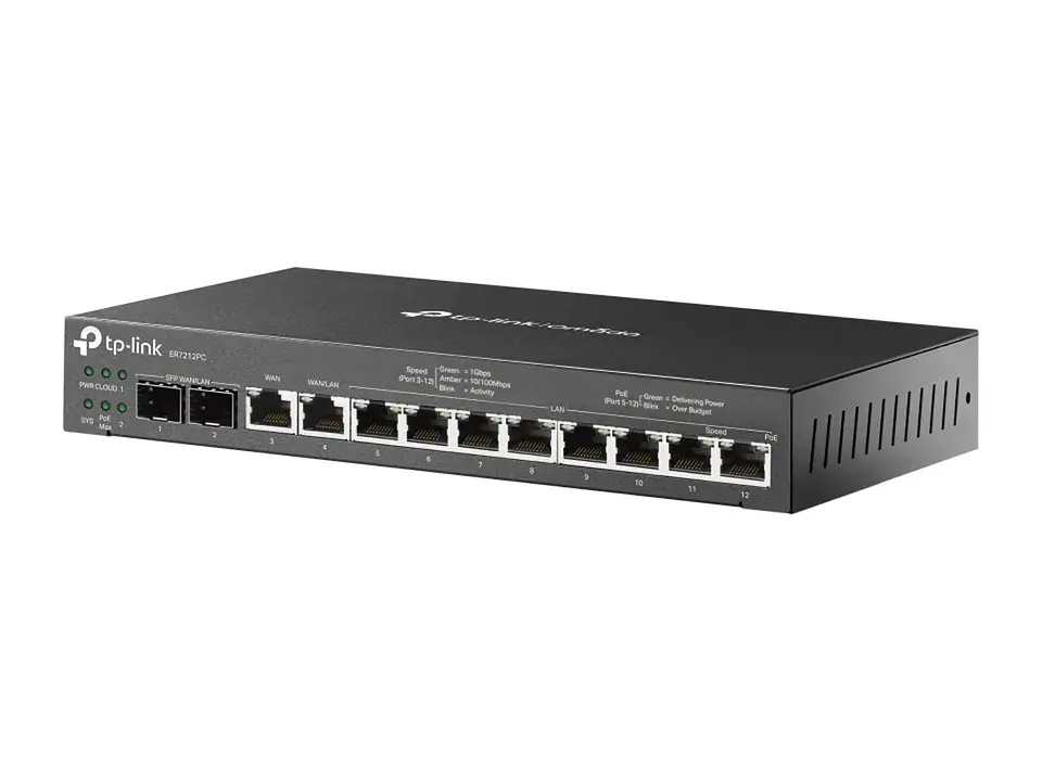 TP-Link Omada ER7212PC - Gateway Omada 3-en-1, 12 Gb (8 PoE+ 110W), 4 WAN (2 SFP, 2 RJ45), controlador integrado p/12 disp., VPN 3