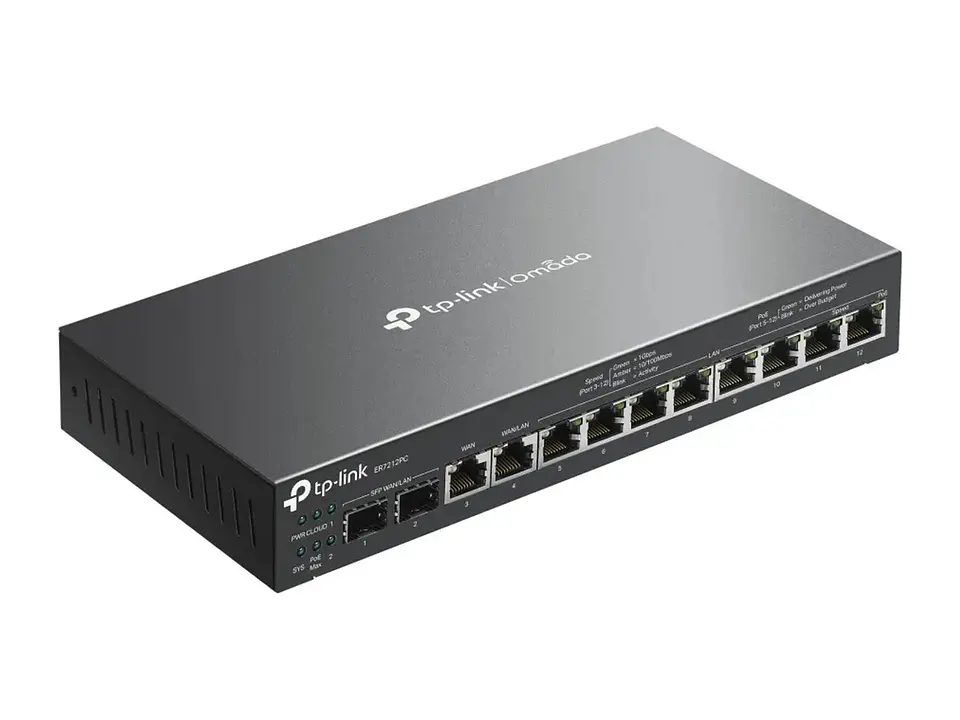 TP-Link Omada ER7212PC - Gateway Omada 3-en-1, 12 Gb (8 PoE+ 110W), 4 WAN (2 SFP, 2 RJ45), controlador integrado p/12 disp., VPN 4