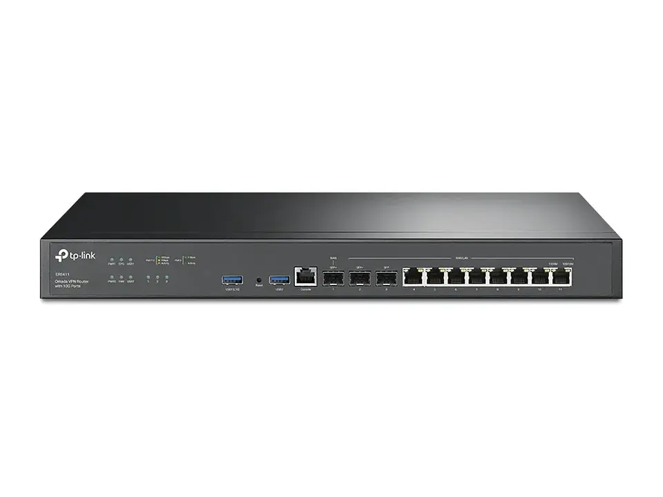 TP-Link Omada ER8411 - TP-Link Router VPN Omada / Puertos: 2×SFP+ 10GE (1 WAN, 1 WAN/LAN), 8×RJ45 Gigabit WAN/LAN 1