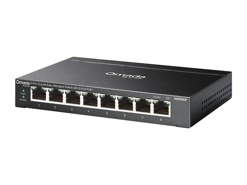 TP-Link Omada ES208GP - Omada Switch Easy Managed 8 Puertos Gigabit, 8XPOE+ + 1XRJ45, PoE 30W,VLAN, Qos, Lag, Igmp, Gestión Omada Sdn, Fanless 3